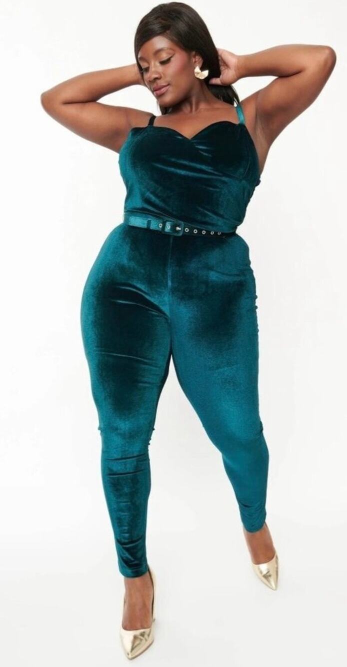 Unique Vintage Teal Green Velvet Spaghetti Strap Jumpsuit 1X 16 NWOT